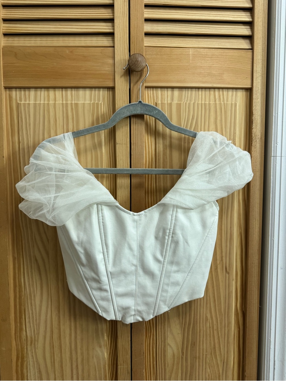 Miss Lola Off-Shoulder Cream Corset Top with Sheer Puff Sleeves